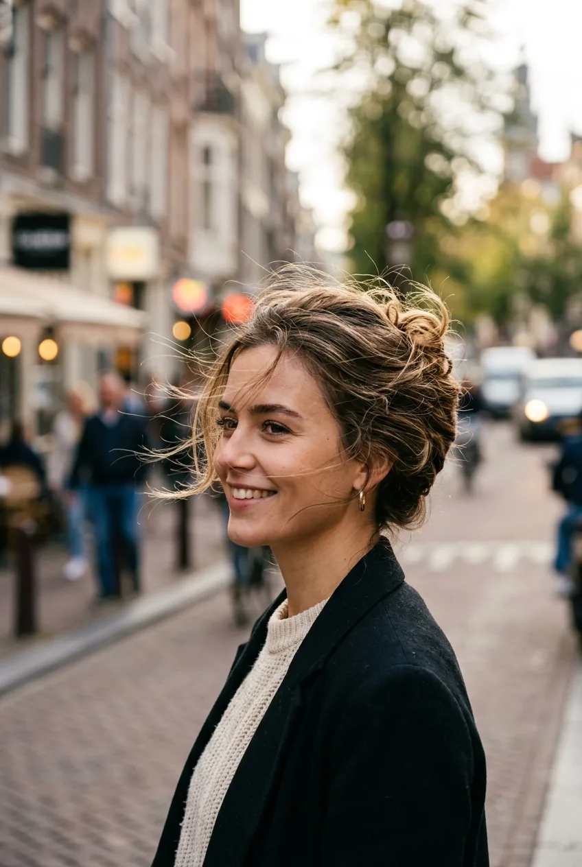 Woman with loose modern French twist showing intentional textured finish