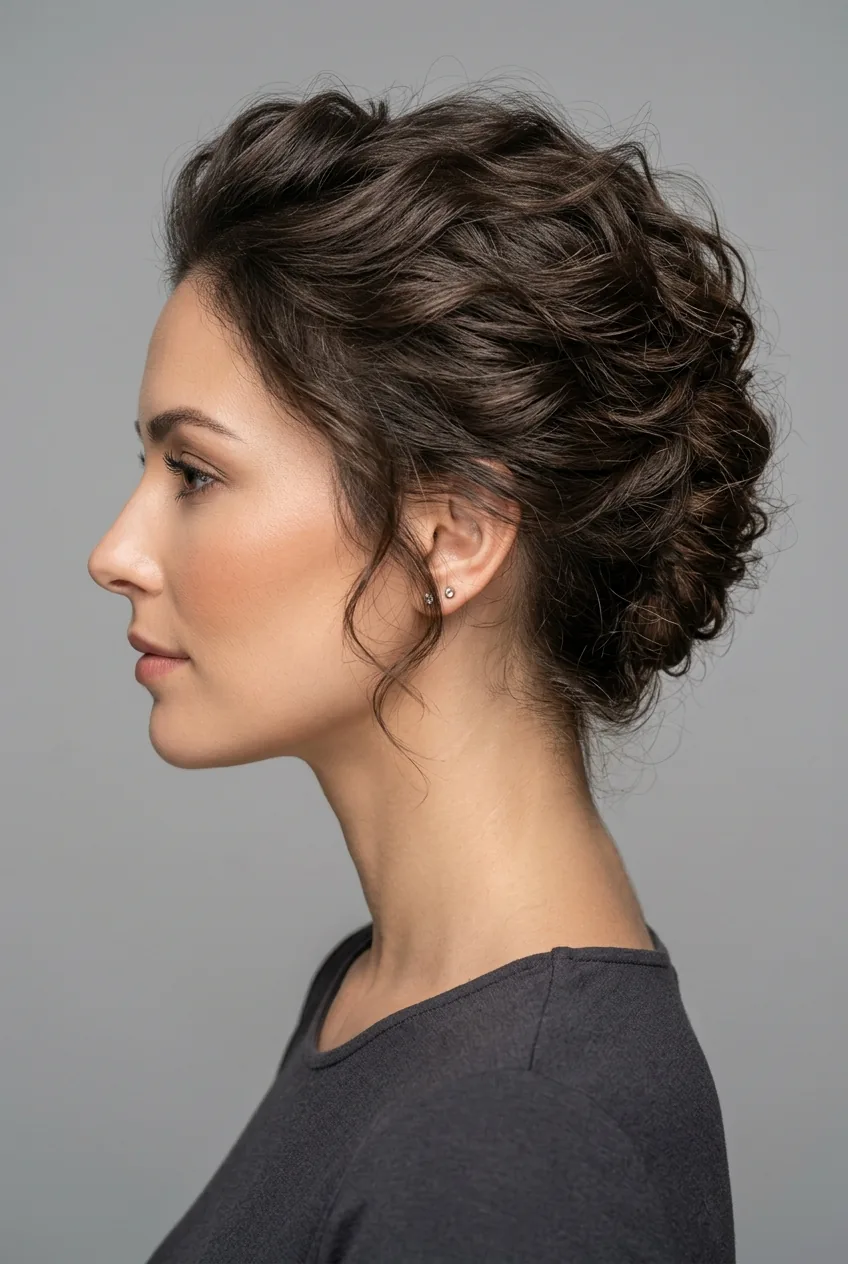 Woman with thick hair in modern French twist showing loose textured styling from side