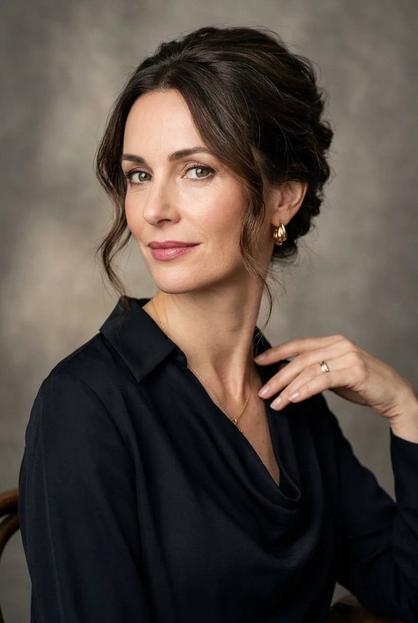 Sophisticated woman over 40 wearing modern French twist updo with soft face-framing pieces