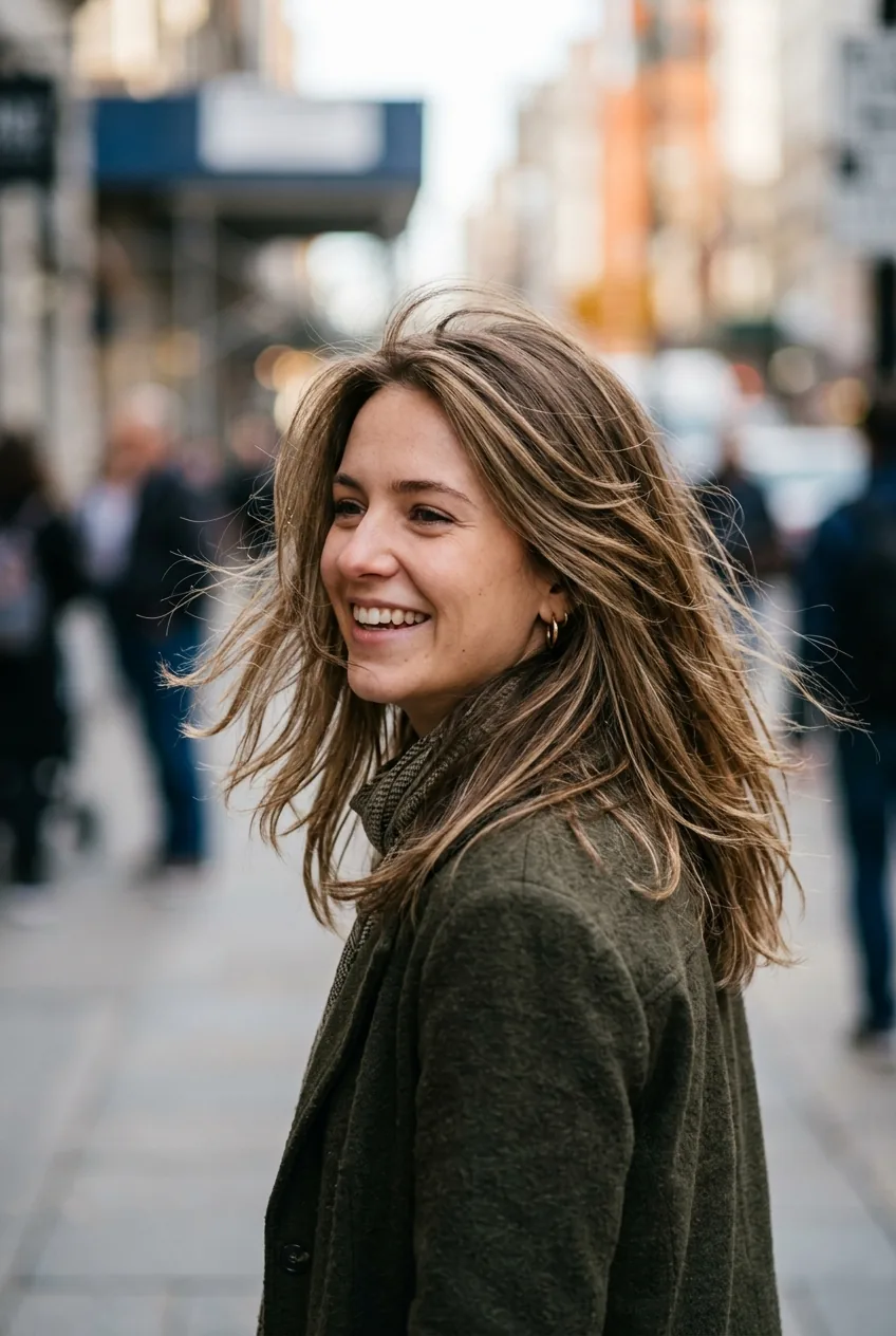 Woman with modern layered cut showing subtle seamless layer blending