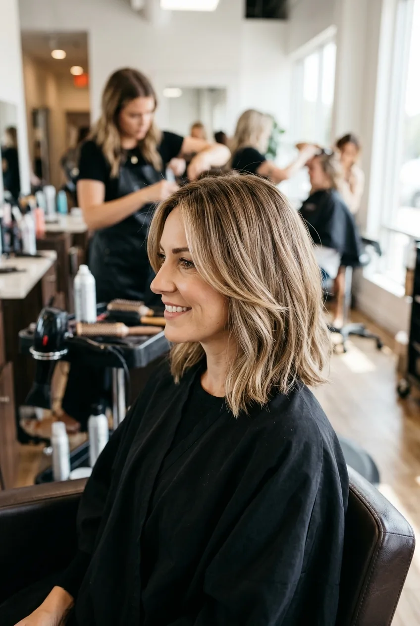 Modern lob haircut at collarbone length showing subtle layering and natural movement in side profile