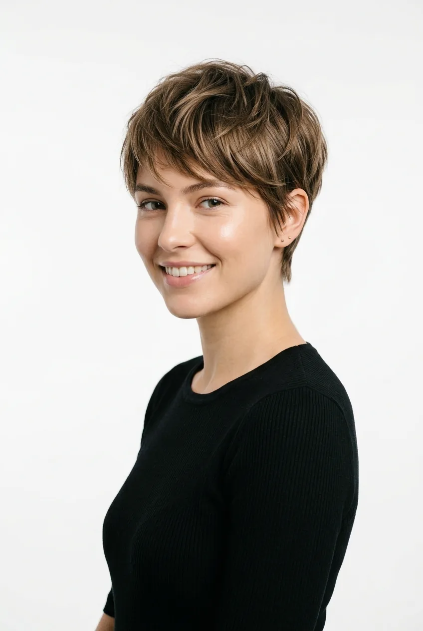 Woman with modern pixie cut showing soft layers and contemporary styling