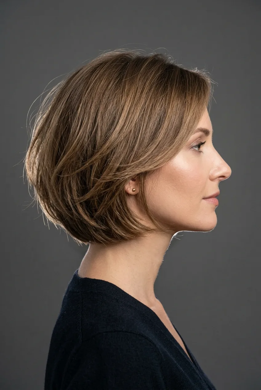 Woman with modern Rachel-inspired layered bob featuring softer contemporary styling approach