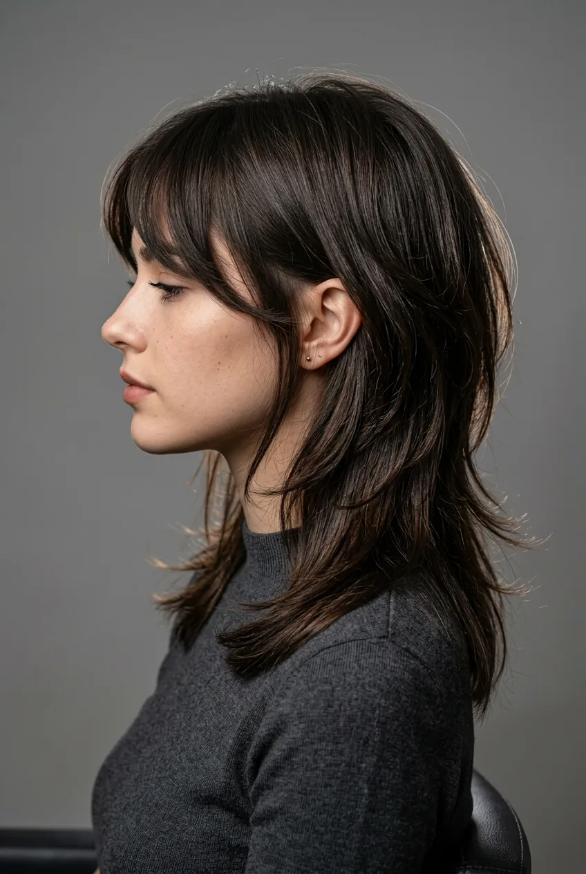 Woman with modern retro-inspired shag haircut featuring updated proportions