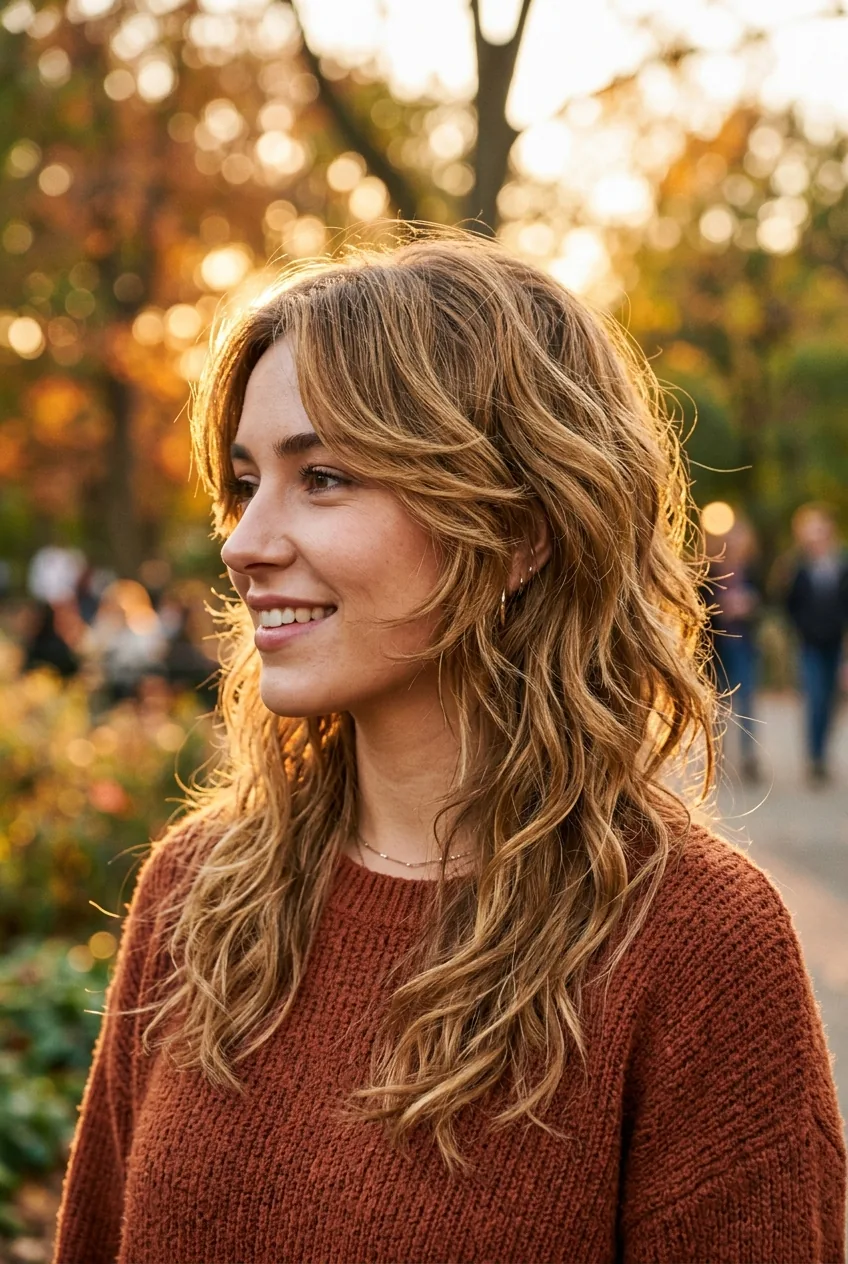 Woman with modern 70s shag haircut showing face-framing layers and natural wavy texture