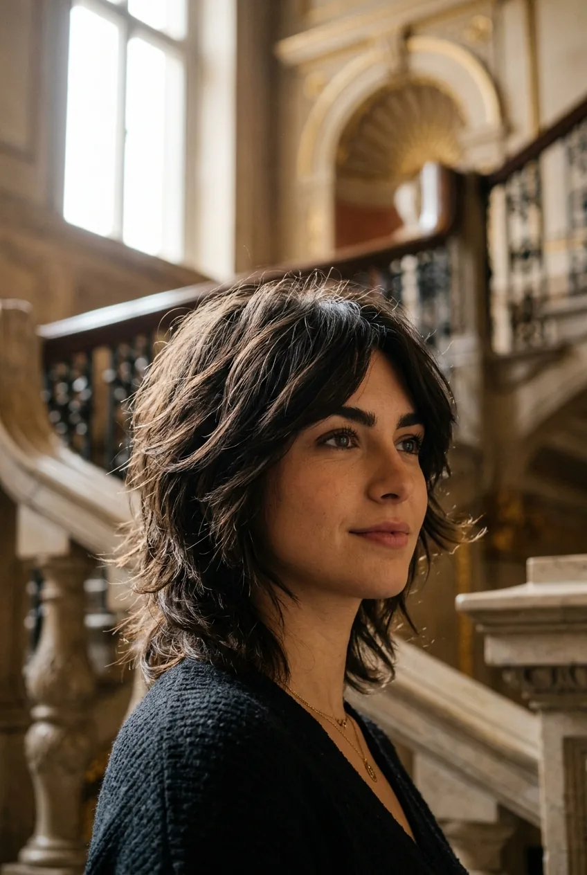 Woman with modern shag haircut showing refined layering and strategic volume without bulk