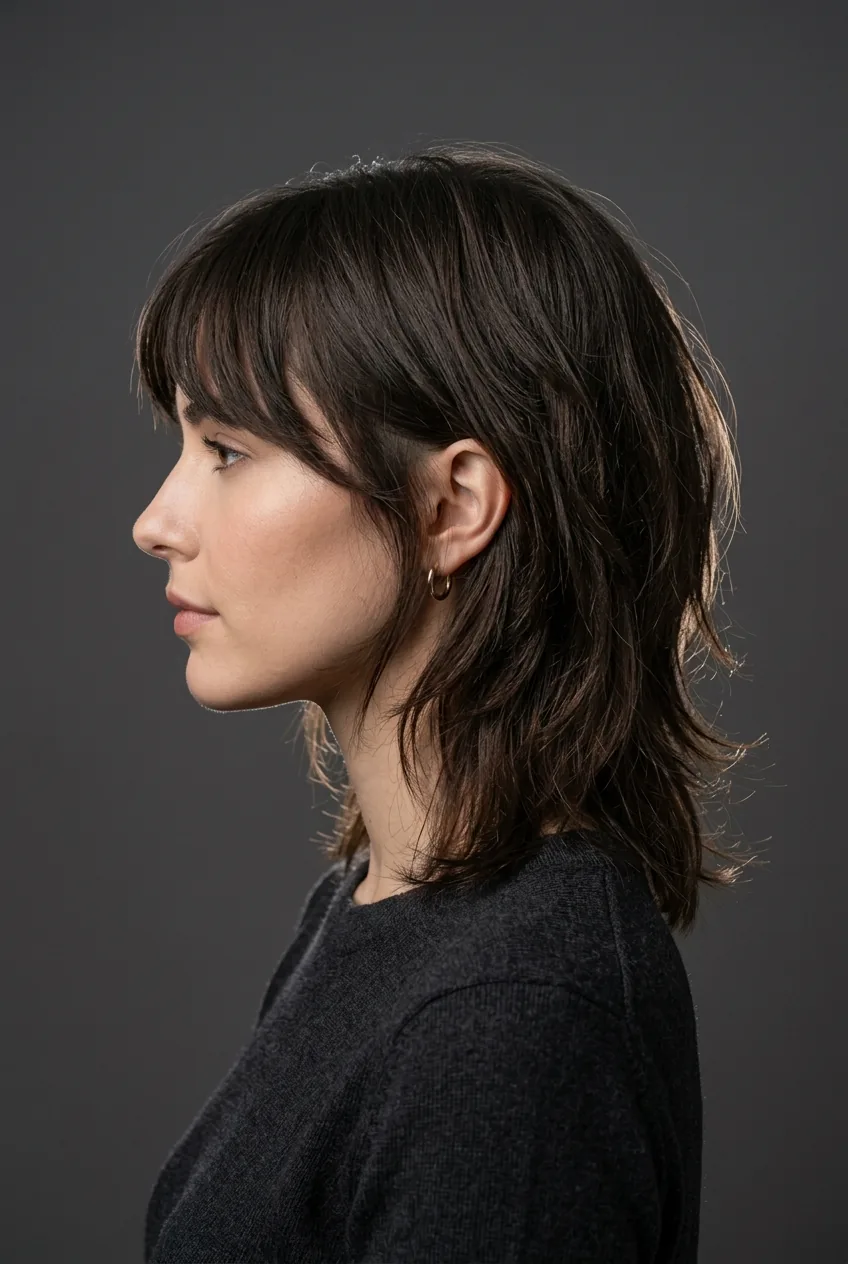 Woman with modern shag haircut displaying subtle layering and natural texture from side angle