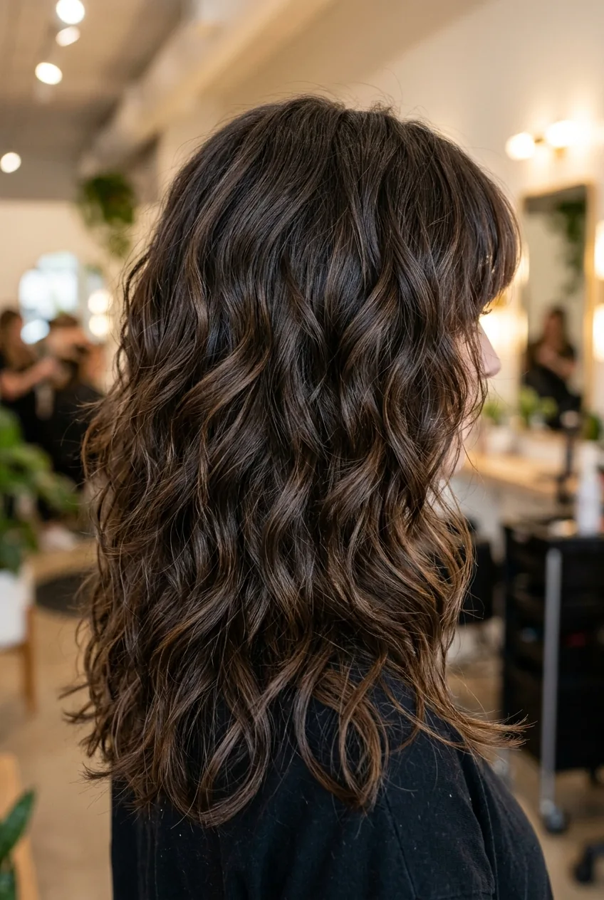 Modern shag haircut on thick wavy hair displaying layered texture and natural body
