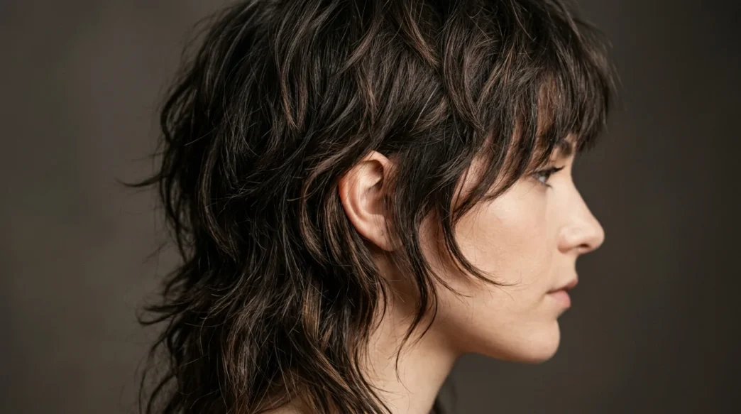 Woman with modern shaggy mullet showing textured layers from jawline to crown in studio lighting