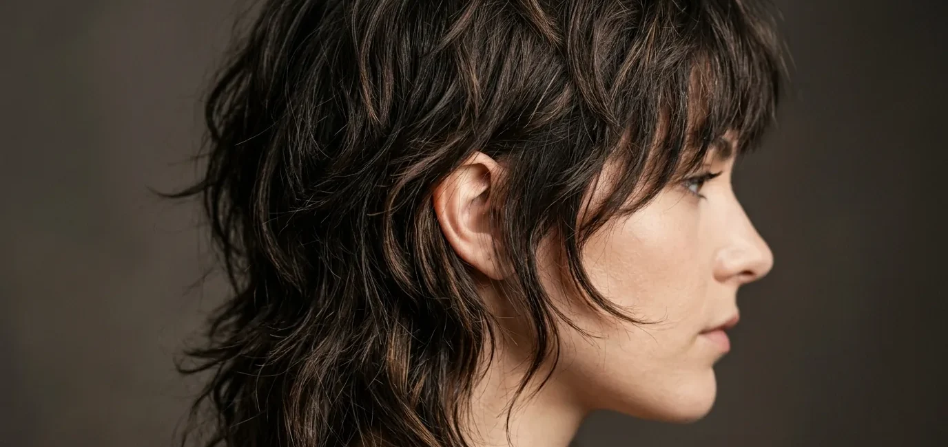 Woman with modern shaggy mullet showing textured layers from jawline to crown in studio lighting
