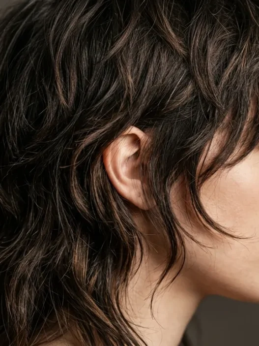 Woman with modern shaggy mullet showing textured layers from jawline to crown in studio lighting