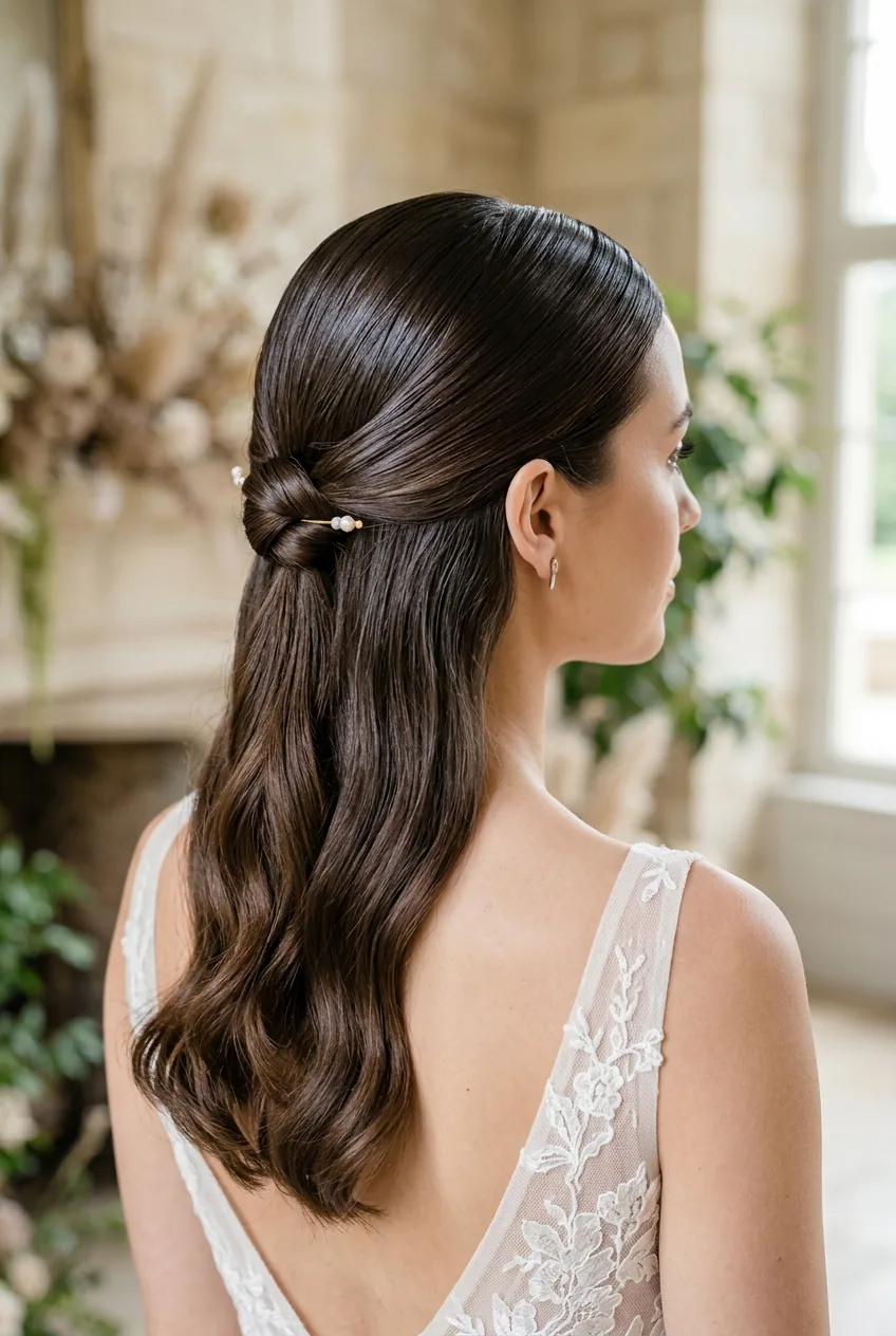 Modern slicked back half-up hairstyle showing smooth gathered sections with glossy contemporary finish