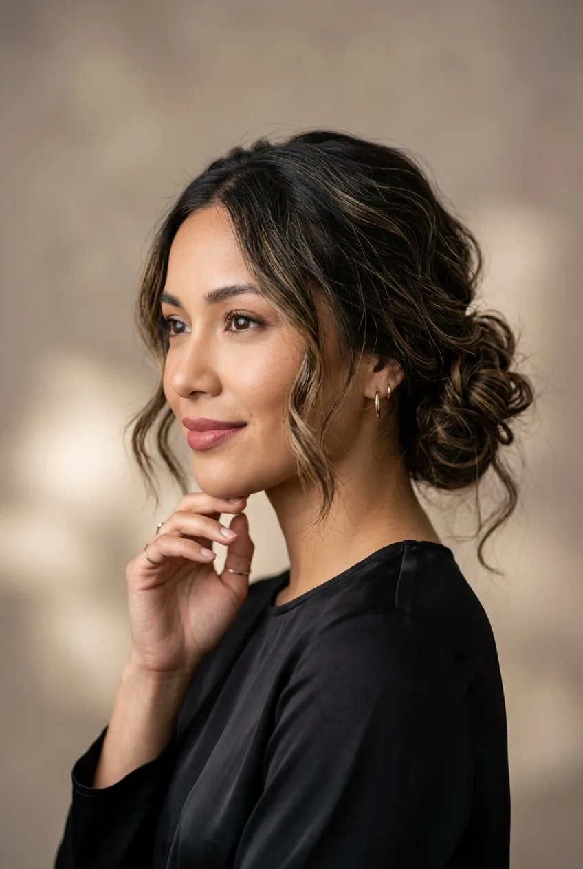 Woman with modern textured low bun positioned off-center with loose front pieces