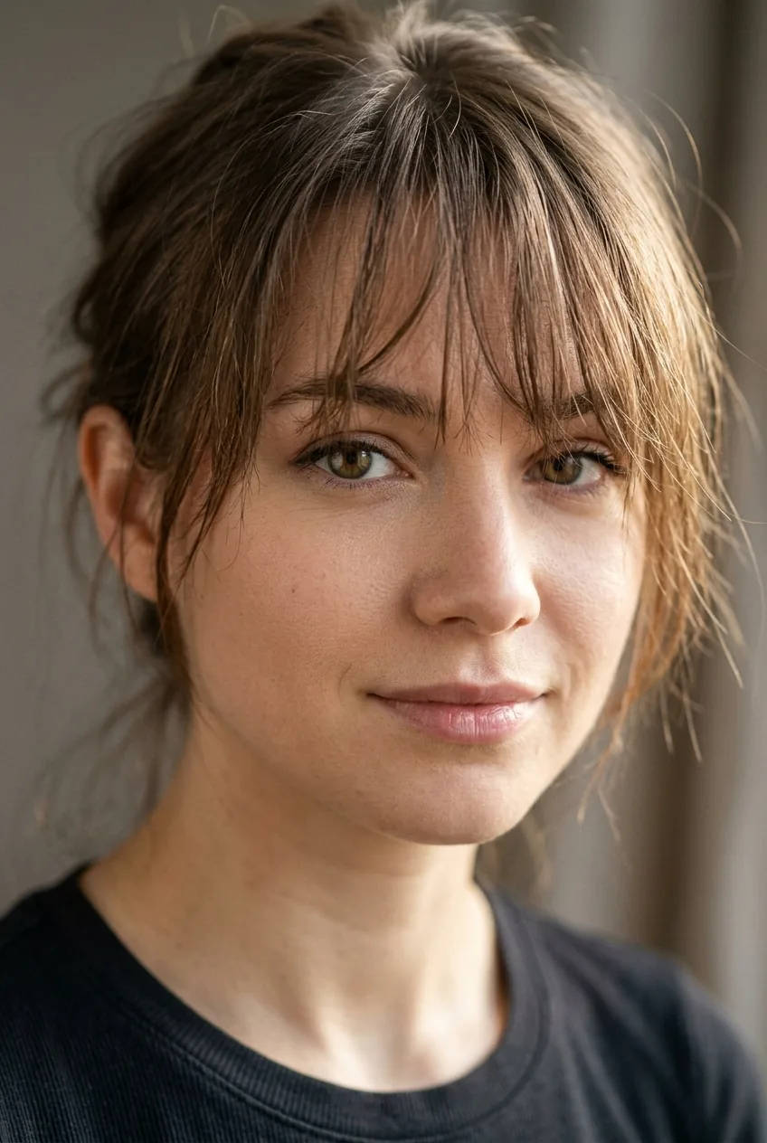 Morning-styled wispy bangs with natural tousled lived-in texture