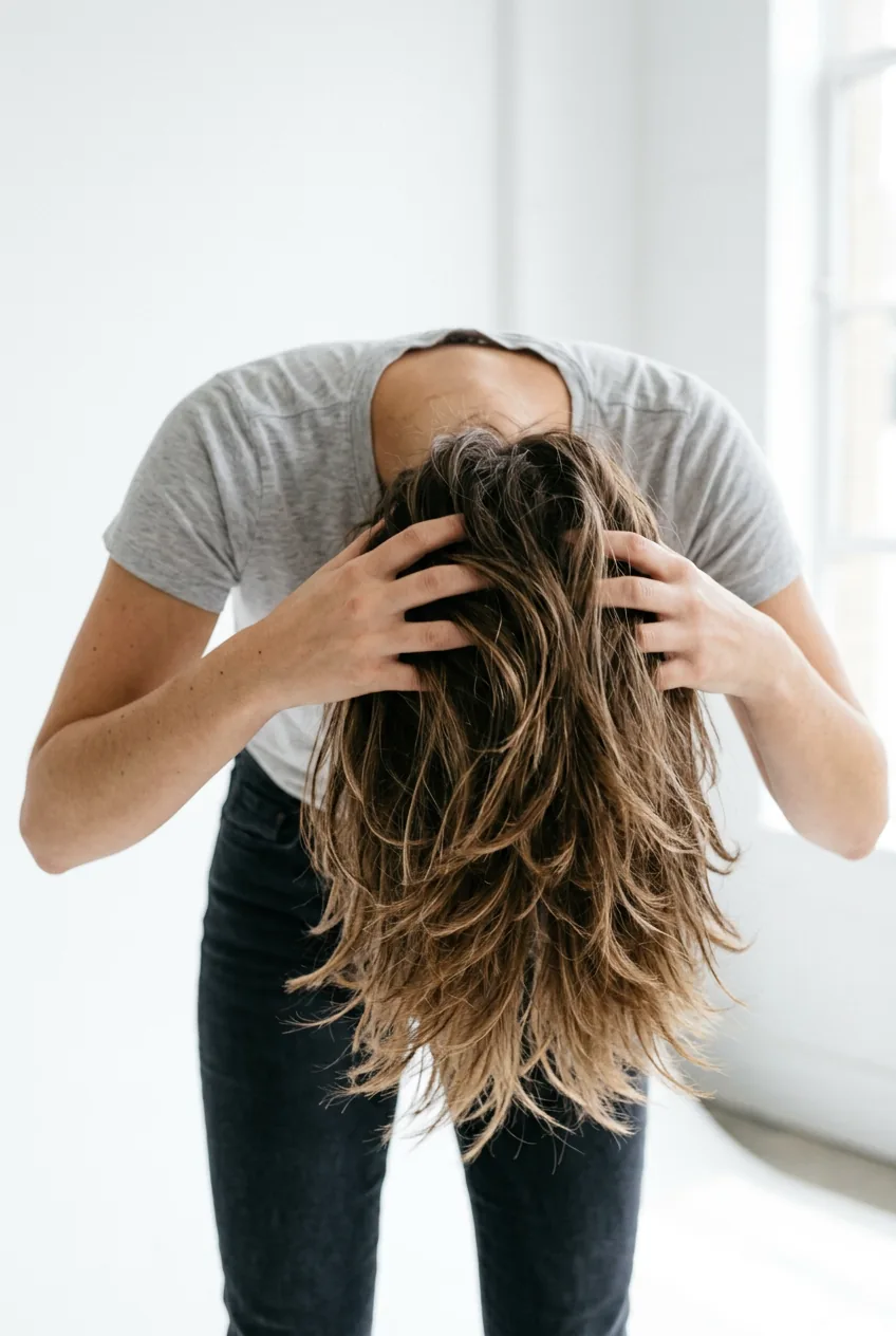 Woman with head flipped upside down while hands scrunch volumizing mousse through layered hair