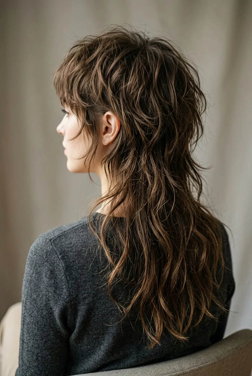 Back view of shaggy mullet displaying longer layered sections and texture detail