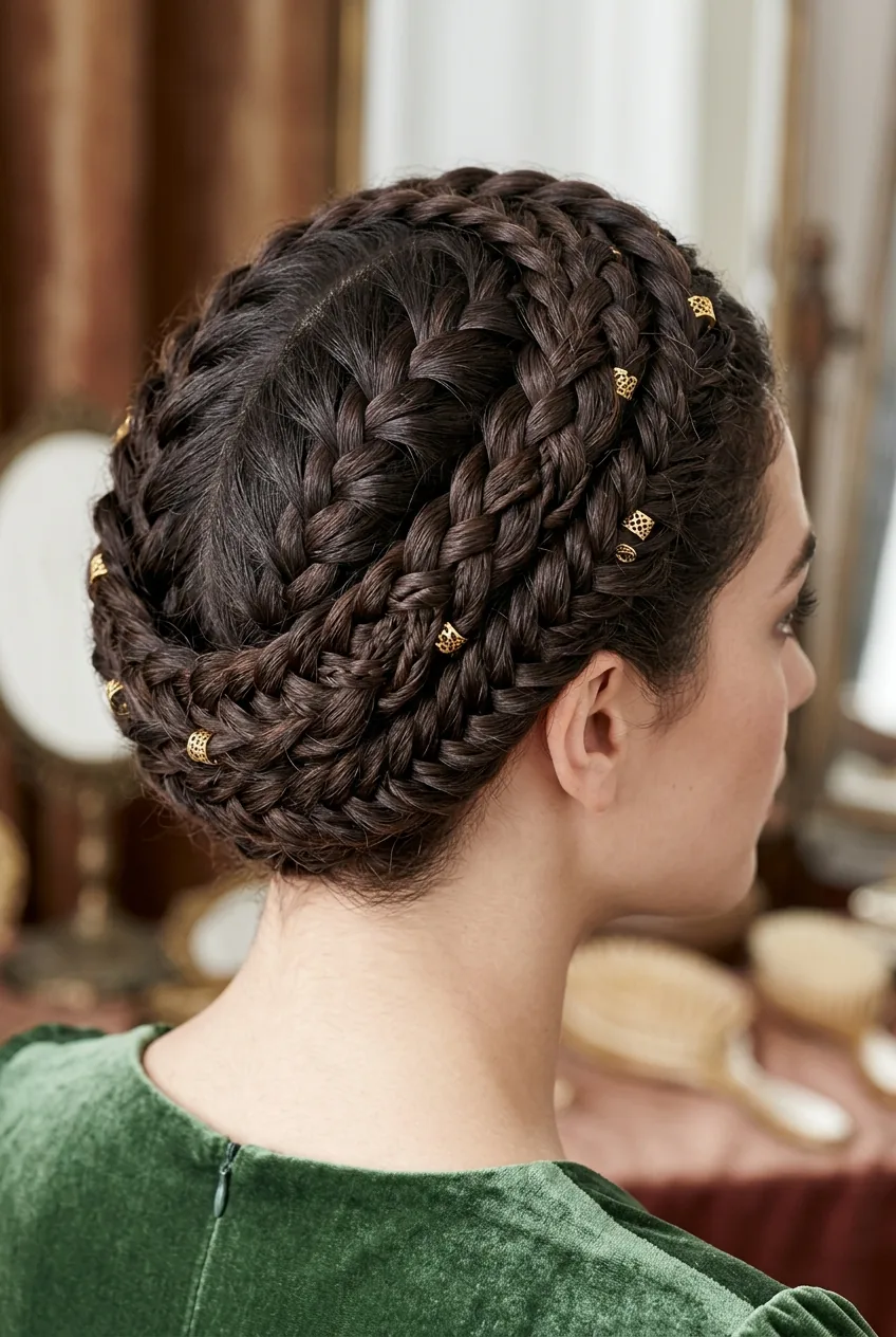Elaborate multi-braid crown showing various braiding techniques woven in complex pattern