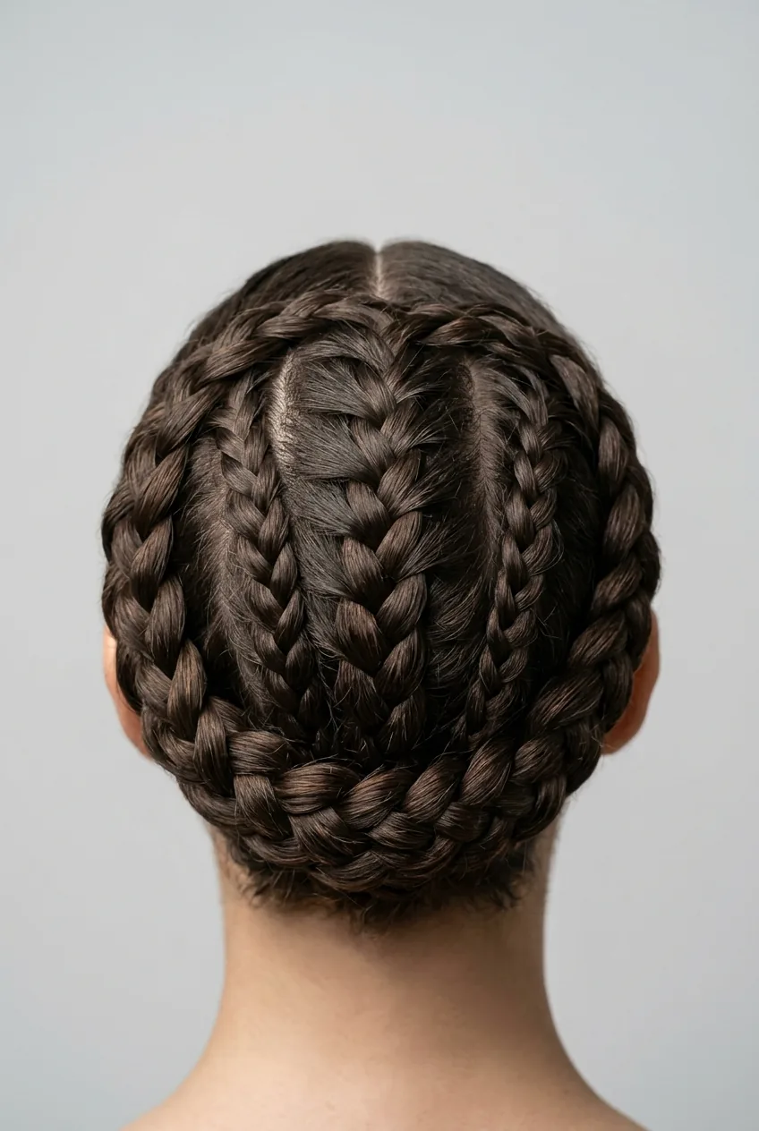 Overhead view of multi-braid crown showing three interwoven sections pattern