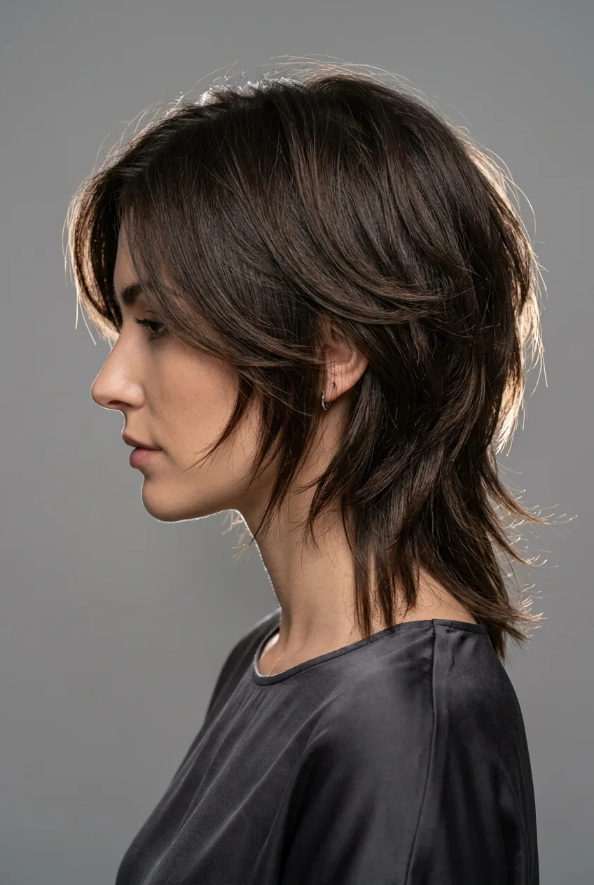Woman with complex multi-dimensional layered cut featuring various techniques and lengths