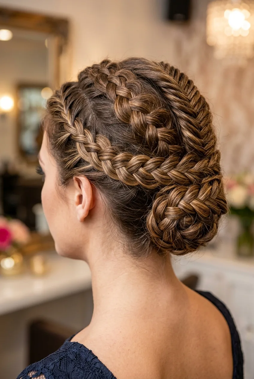 Complex multi-strand braided updo showing five different braid types masterfully woven together