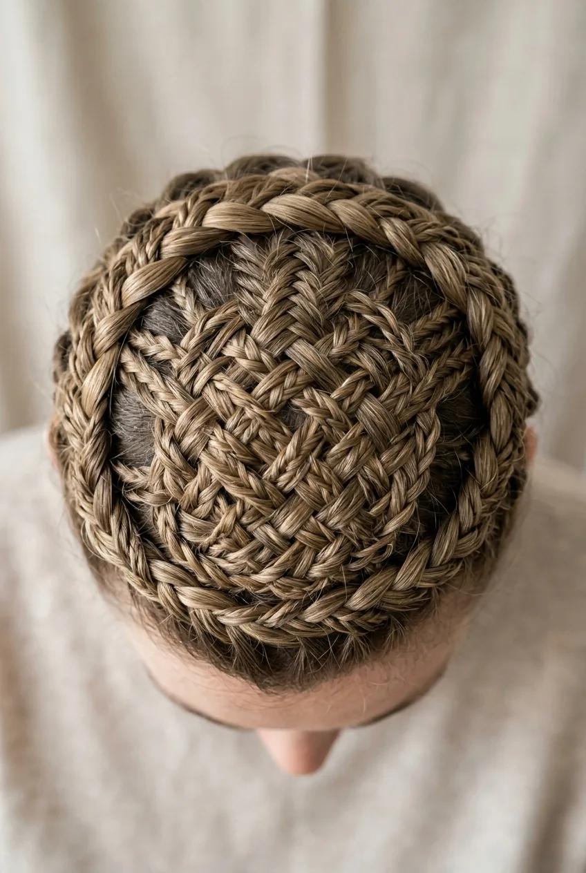 Overhead view of multi-strand crown braid showing complex weaving of multiple small braids
