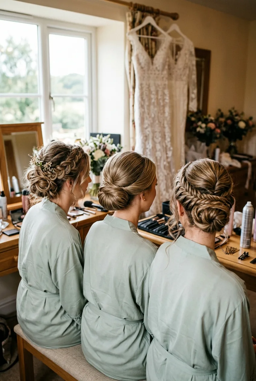 Wedding preparation room showing multiple bridesmaids with mix of braided and classic updo hairstyles