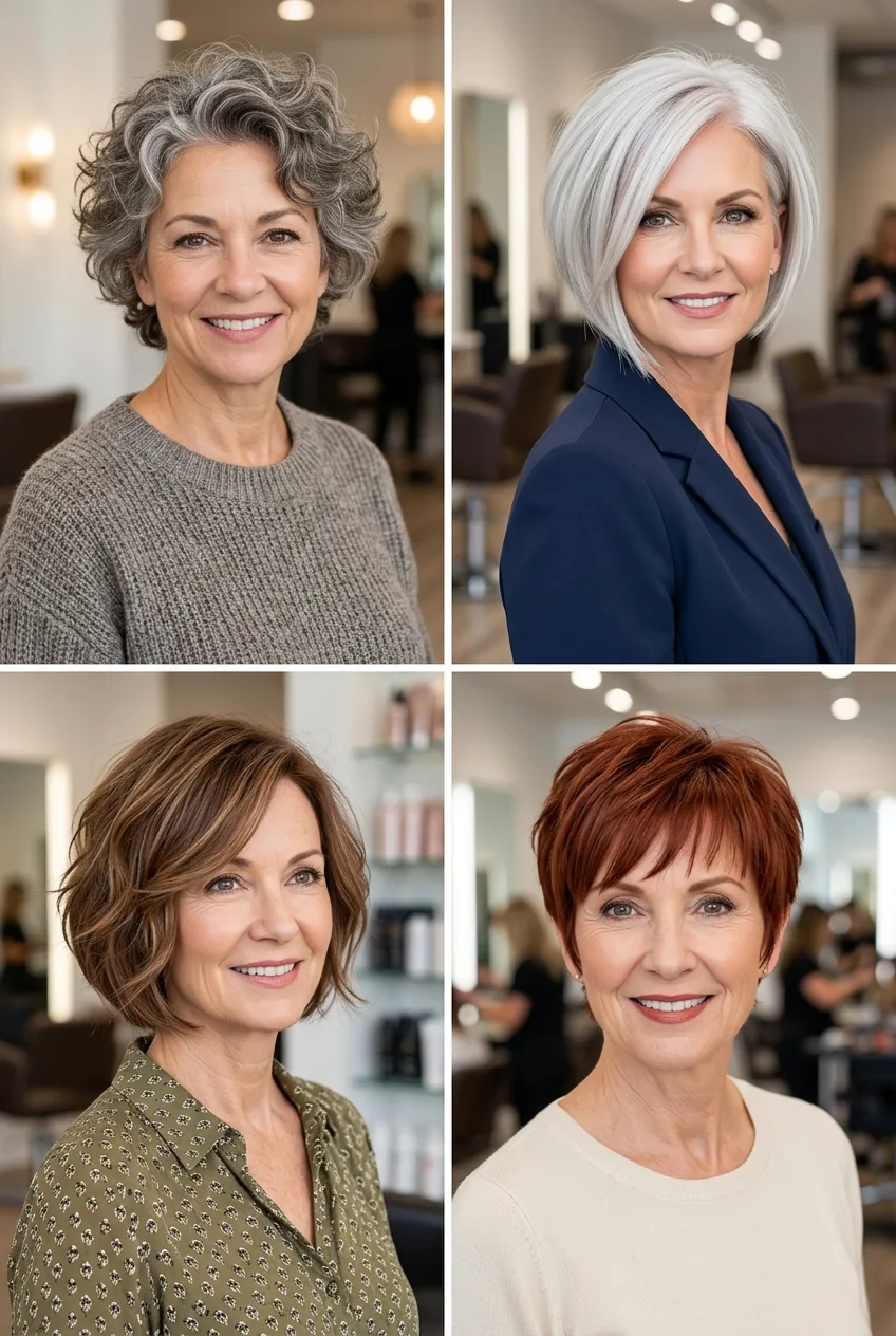 Multiple mature women displaying variety of short hairstyle options in professional comparison