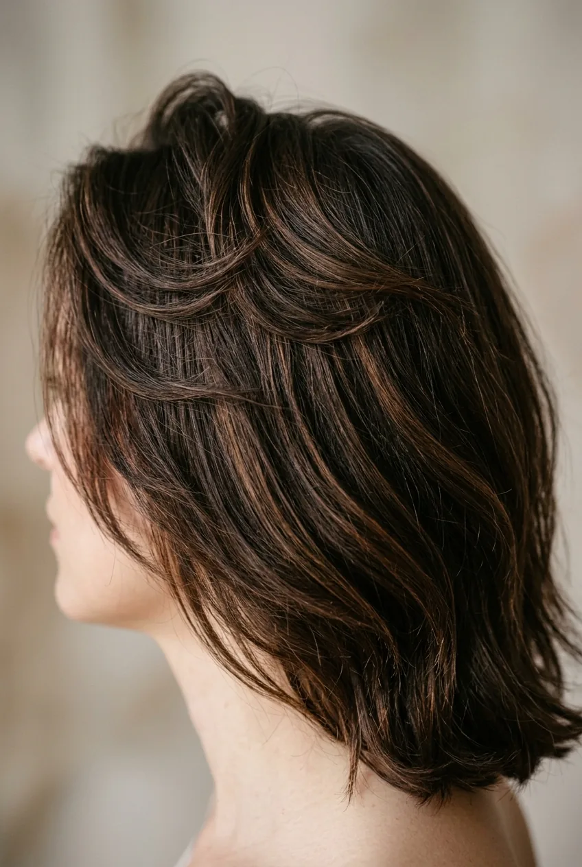 Medium length hair styled with natural cowlick creating volume at the crown