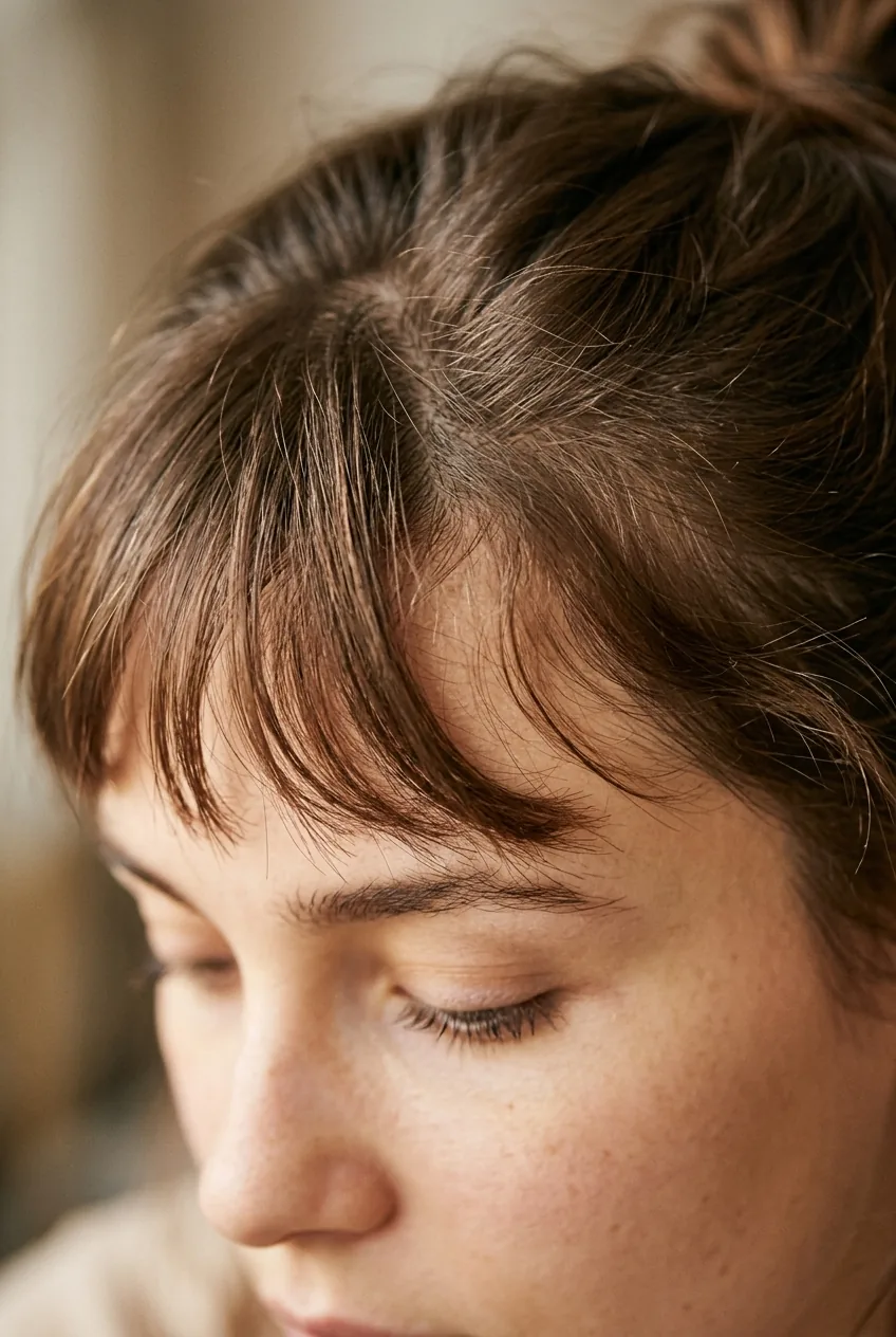 Wispy bangs cut to work with natural cowlick patterns and growth direction