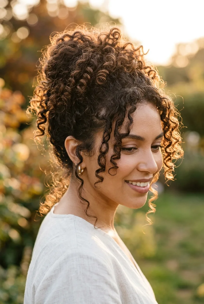 Natural curls arranged in loose updo with soft pieces framing the face
