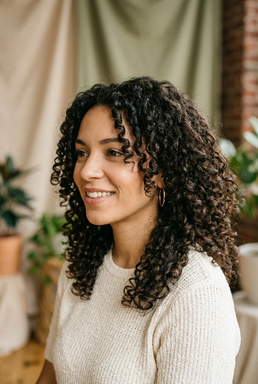 Three-quarter view of woman with natural enhanced curls showing bounce and definition in studio lighting