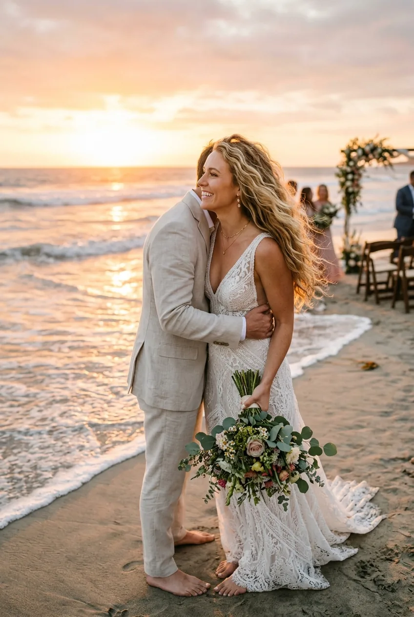 Beach wedding bride with naturally flowing hair down embracing coastal wind and movement