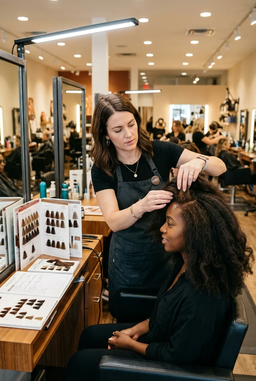 Hair colorist examining client's natural root color under professional salon lighting