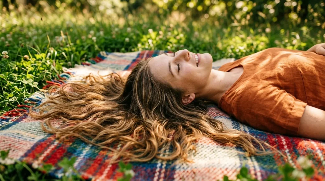 Woman with long hair spread naturally on picnic blanket in dappled sunlight showing hair texture and length
