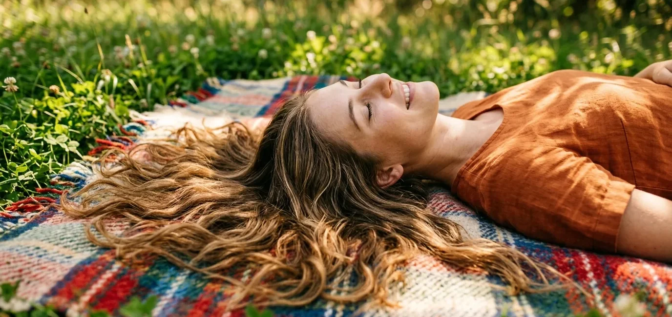 Woman with long hair spread naturally on picnic blanket in dappled sunlight showing hair texture and length