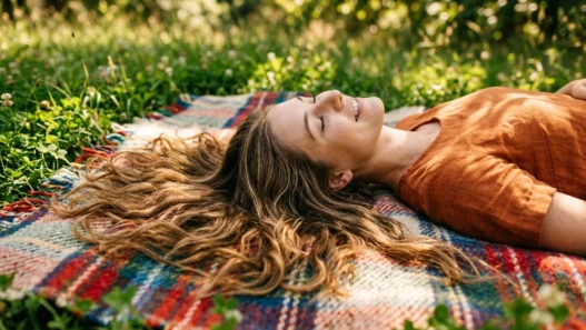 Woman with long hair spread naturally on picnic blanket in dappled sunlight showing hair texture and length