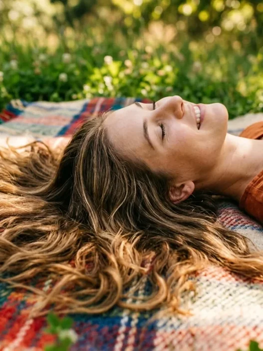 Woman with long hair spread naturally on picnic blanket in dappled sunlight showing hair texture and length
