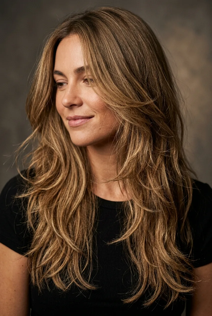 Long layered hair with natural movement and texture falling around face and shoulders
