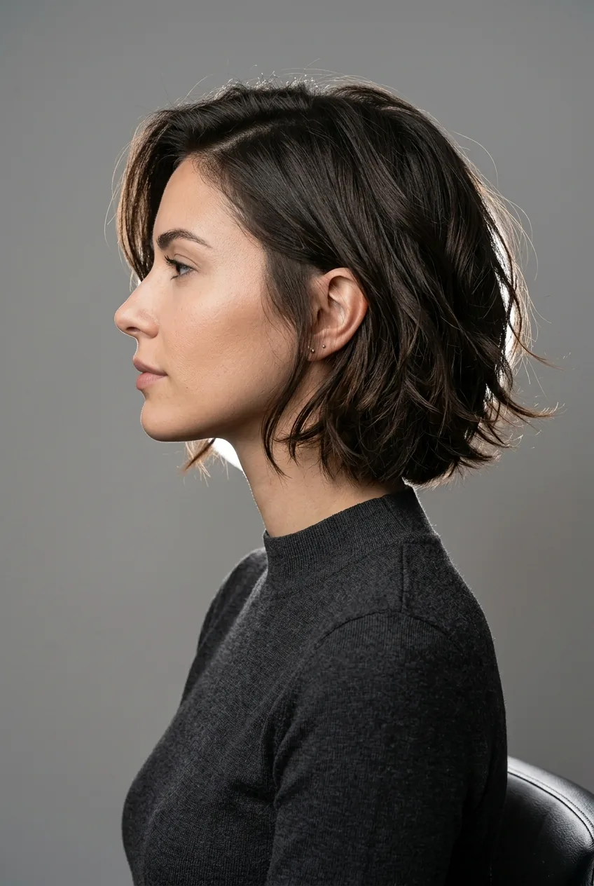 Woman with textured layered bob displaying natural movement instead of straight styling