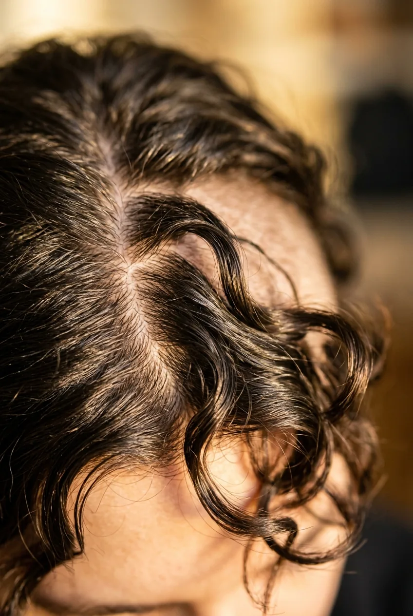 Natural hair part in short wavy hair showing how waves fall from the scalp