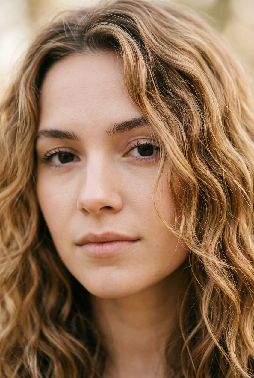 Naturally textured honey-toned hair with face-framing layers in air-dried styling