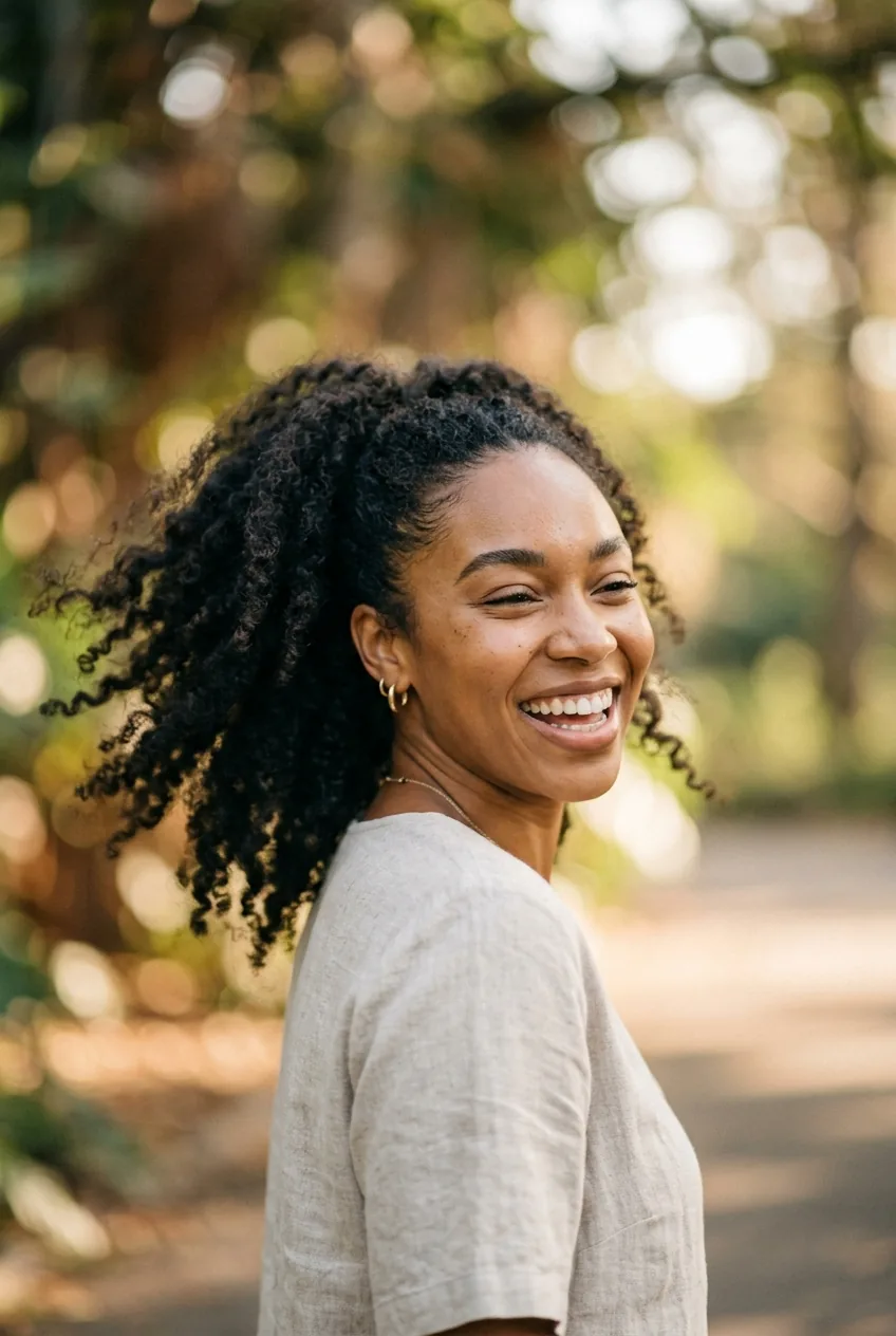 Woman with natural textured ponytail displaying movement and effortless glamour