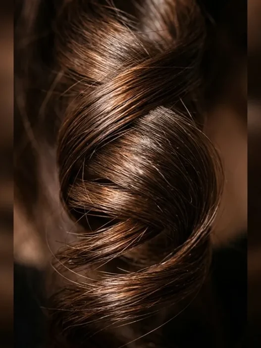 Close-up macro shot of individual spiral wave pattern in woman's hair showing natural curl structure