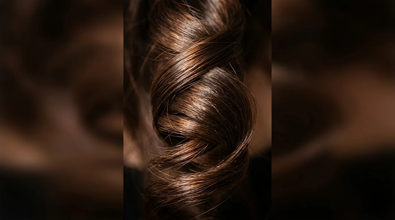 Close-up macro shot of individual spiral wave pattern in woman's hair showing natural curl structure