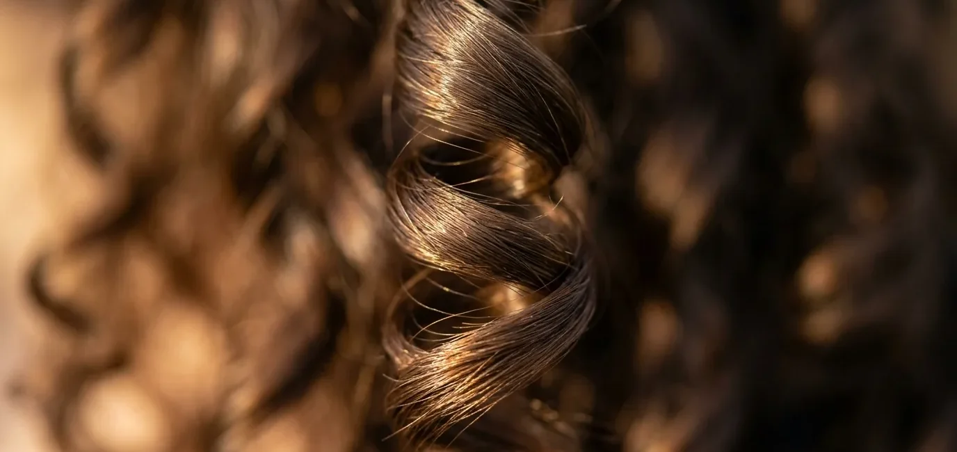 Extreme close-up of natural hair wave spiral showing light reflection and silk-like texture