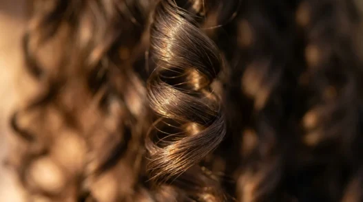 Extreme close-up of natural hair wave spiral showing light reflection and silk-like texture