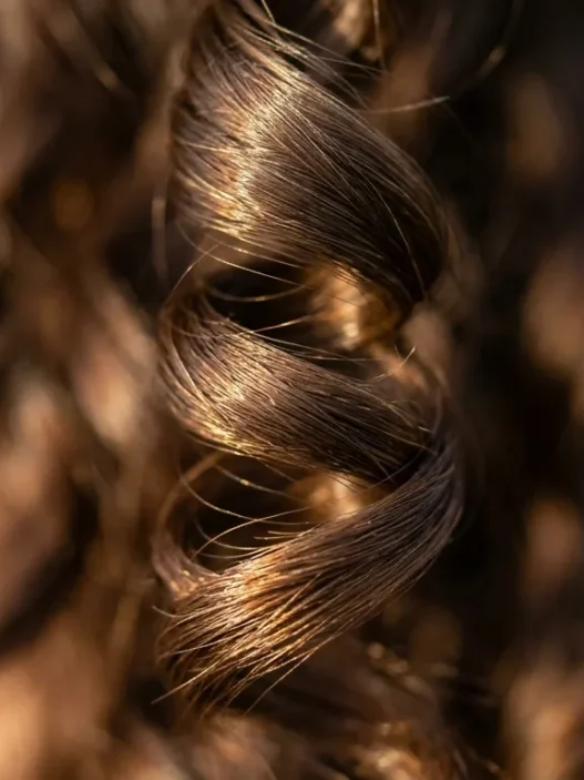 Extreme close-up of natural hair wave spiral showing light reflection and silk-like texture