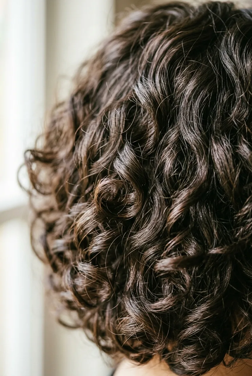 Mixed wave textures in short hair with tighter and looser curl patterns visible in macro detail