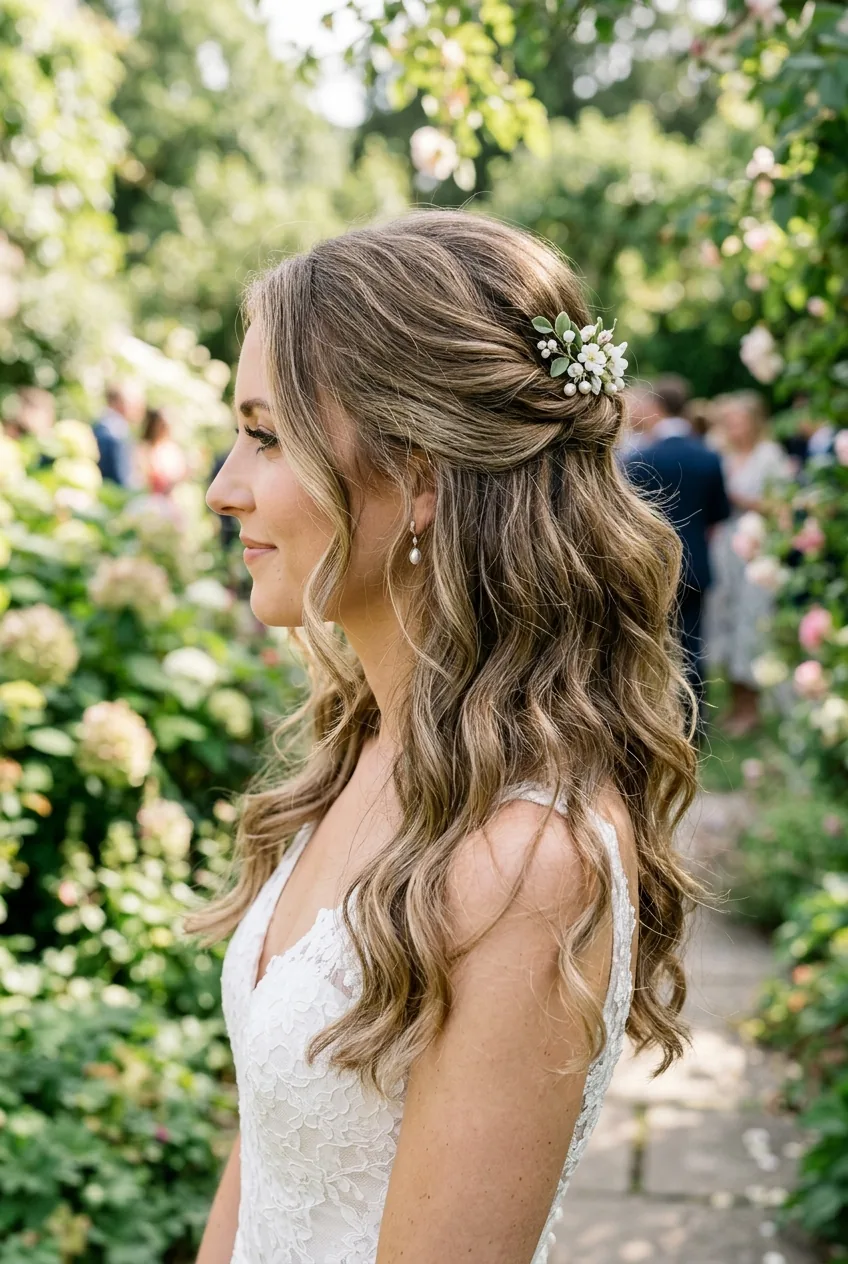 Natural waves styled in simple half-up with effortless texture