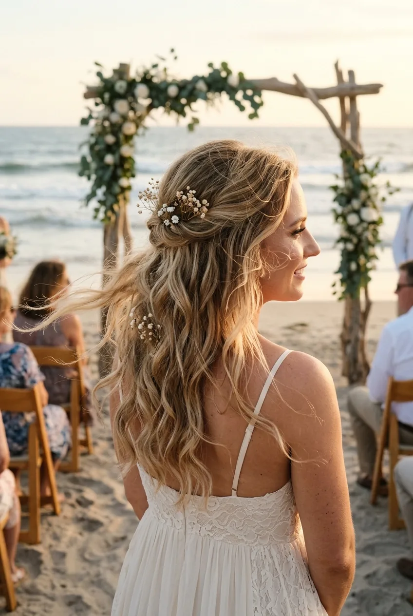 Natural wavy hair enhanced by humidity showing movement and texture at beach wedding